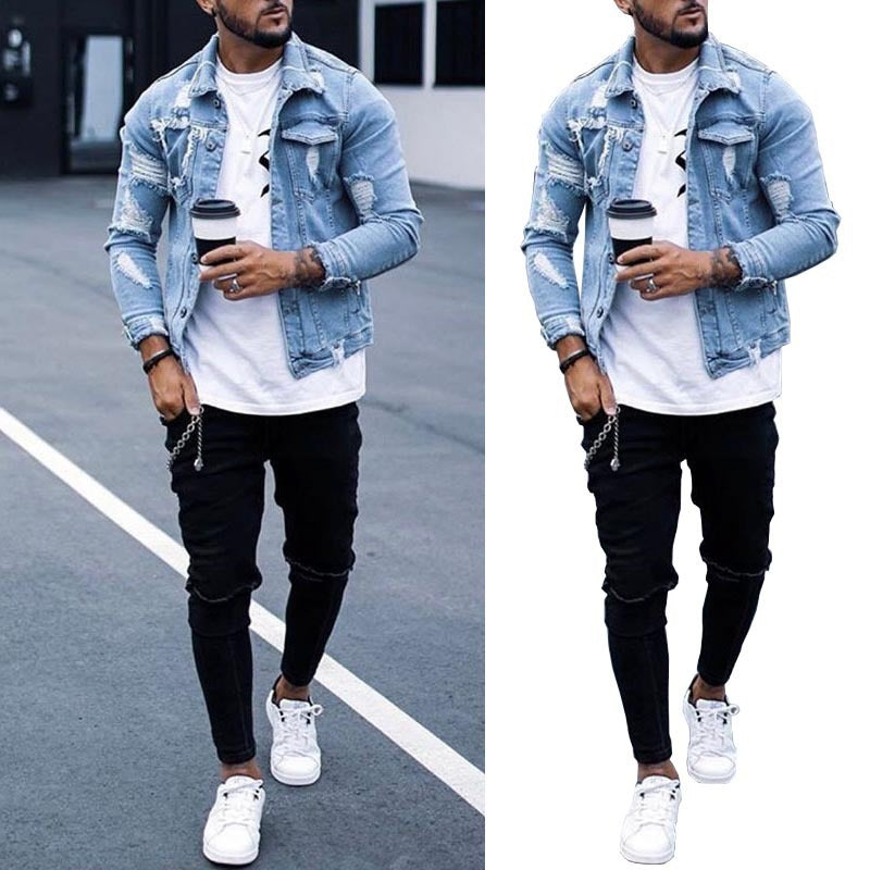 Lapel Men's Denim Jacket Ripped Irregular