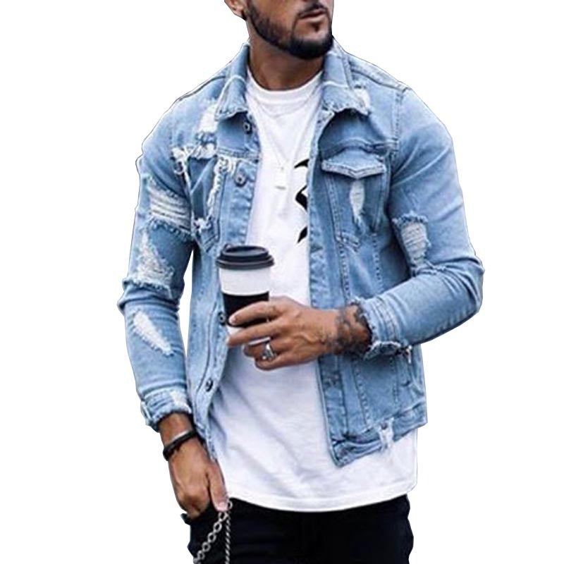 Lapel Men's Denim Jacket Ripped Irregular