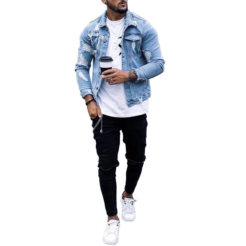 Lapel Men's Denim Jacket Ripped Irregular