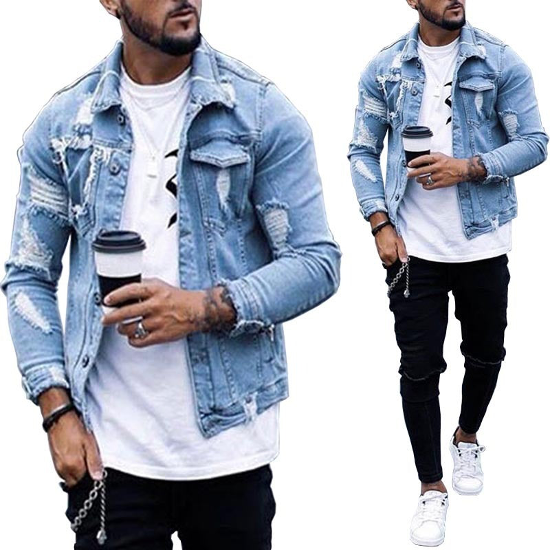 Lapel Men's Denim Jacket Ripped Irregular